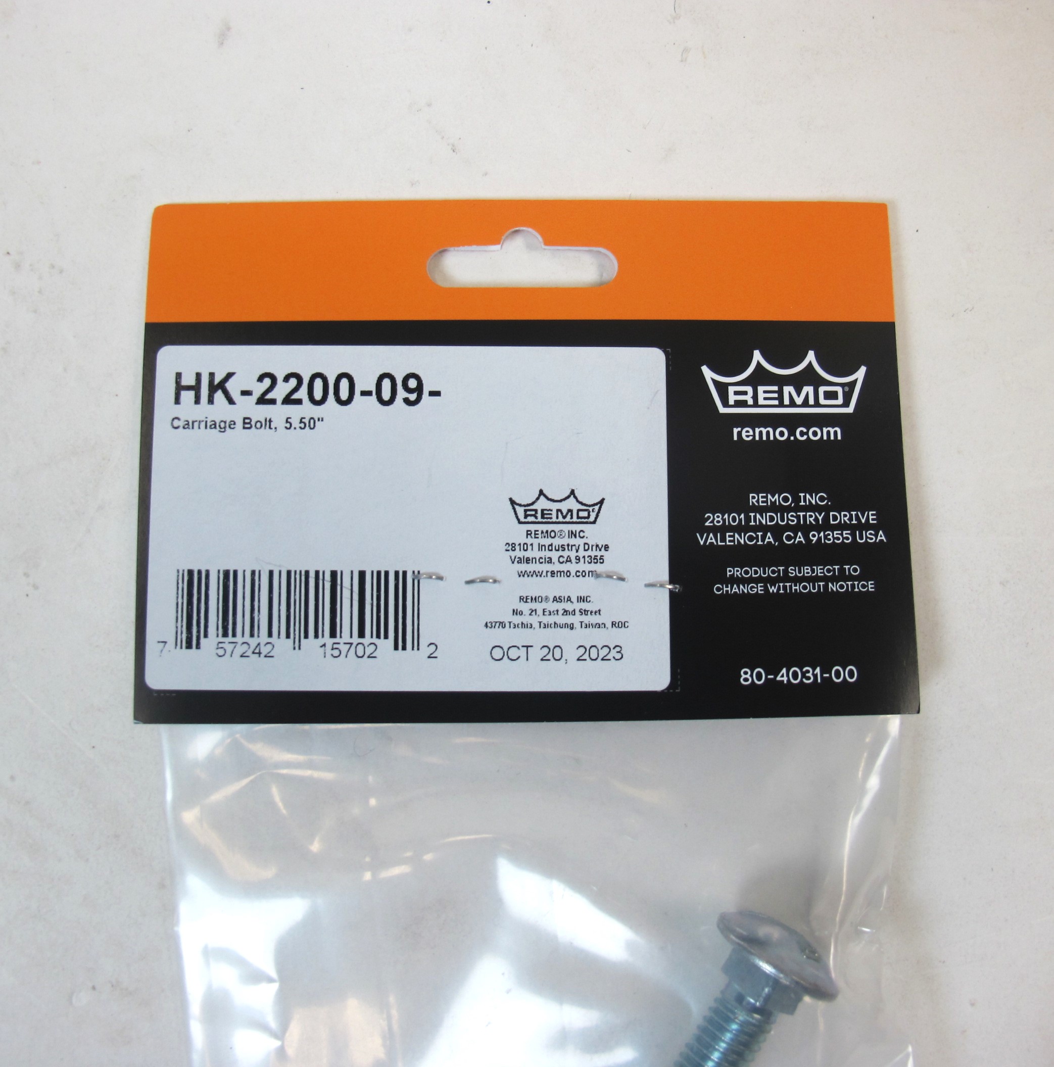 Remo HK−2200−09 5,5’ Carriage Bolt For Rototom